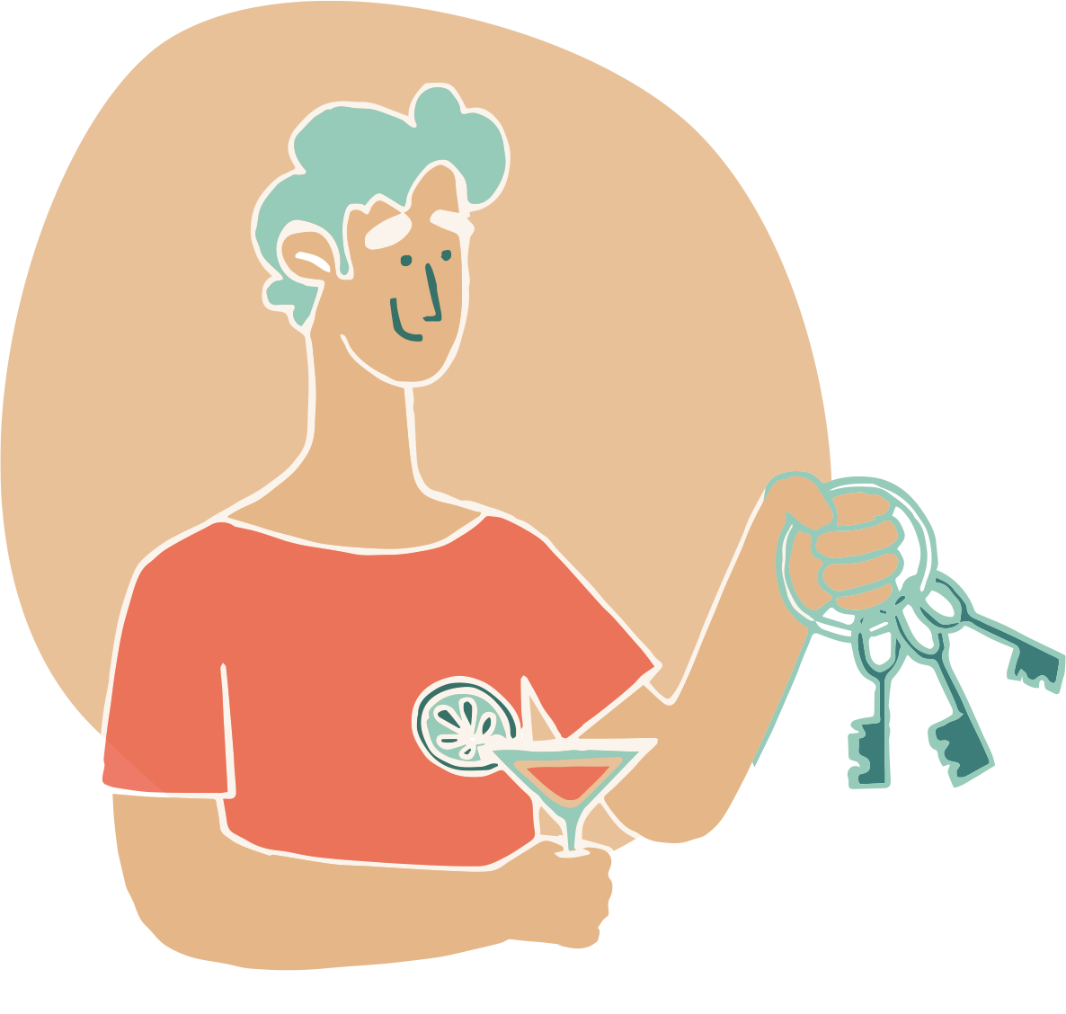Illustration d'un homme tenant des clés dans une main et un verre dans l'autre